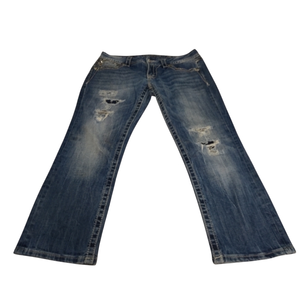 Miss Me Signature Women's Blue Crop Distressed Rhinestones Jeans Size 29 - Picture 3 of 12
